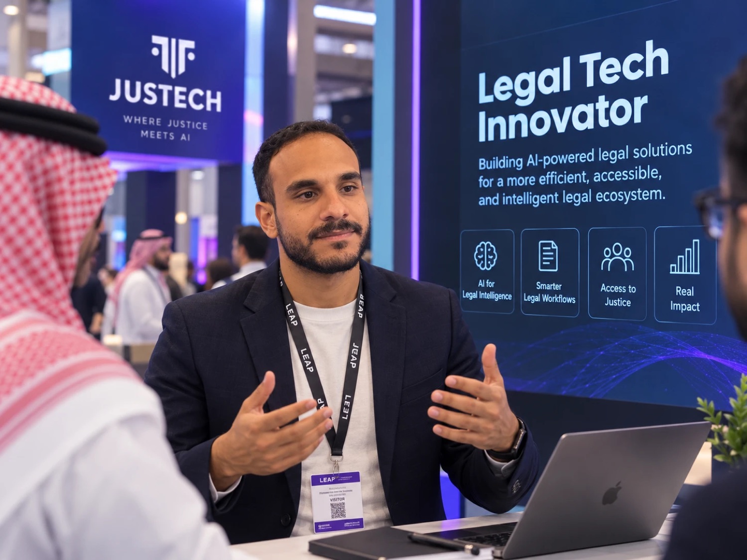Omar Youssef presenting JUSTECH to visitors at LEAP 2026