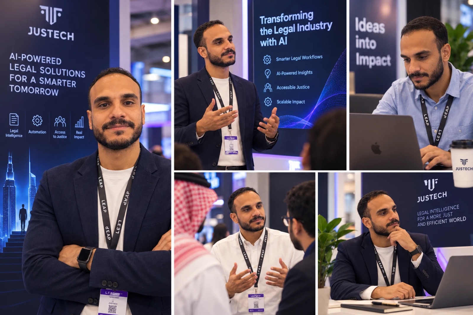 Omar Youssef at the JUSTECH stand during LEAP 2026: meeting visitors, presenting and working with the team